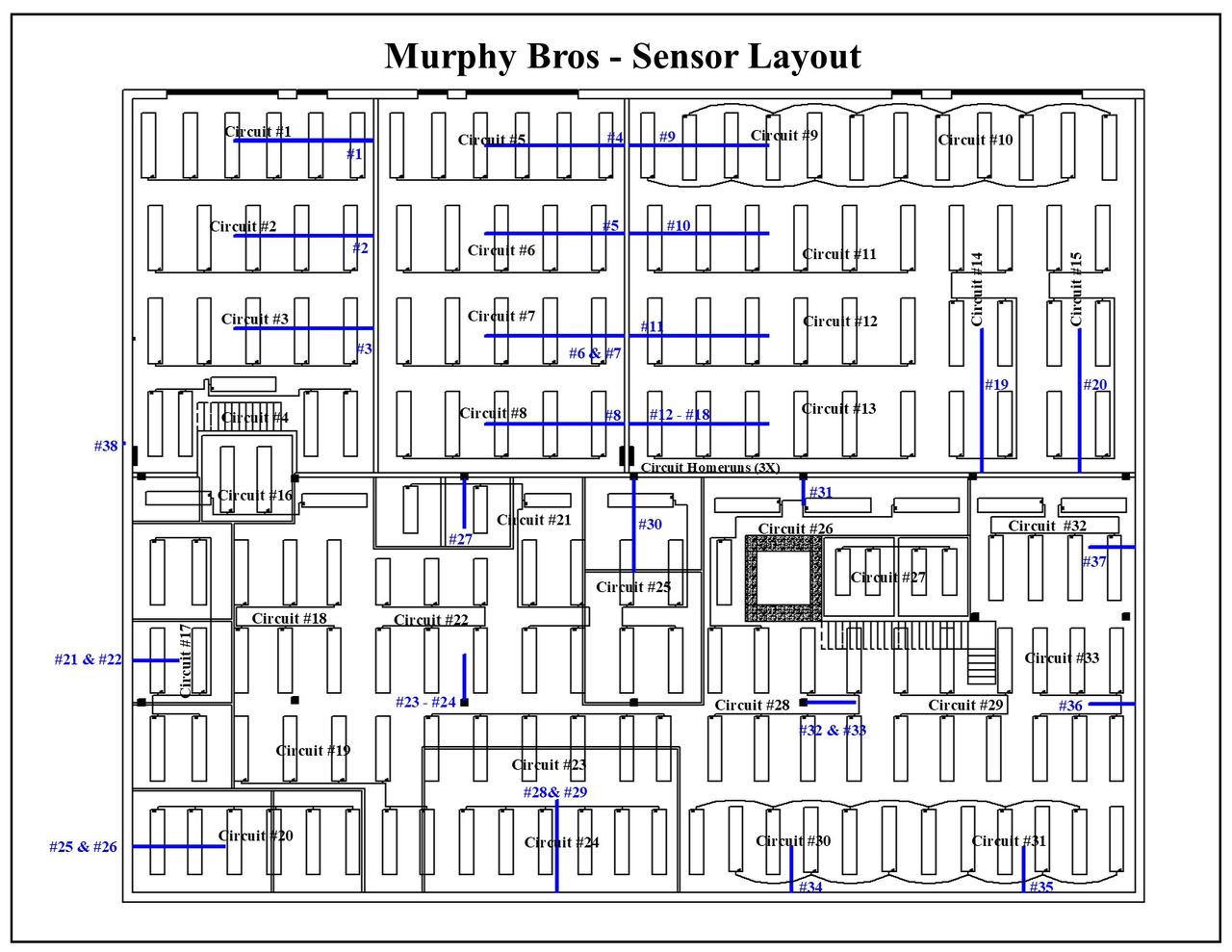 Floor plan of the Murphy Bros building showing heating circuits and sensor locations