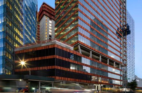 The JACX office towers in Long Island City at dusk