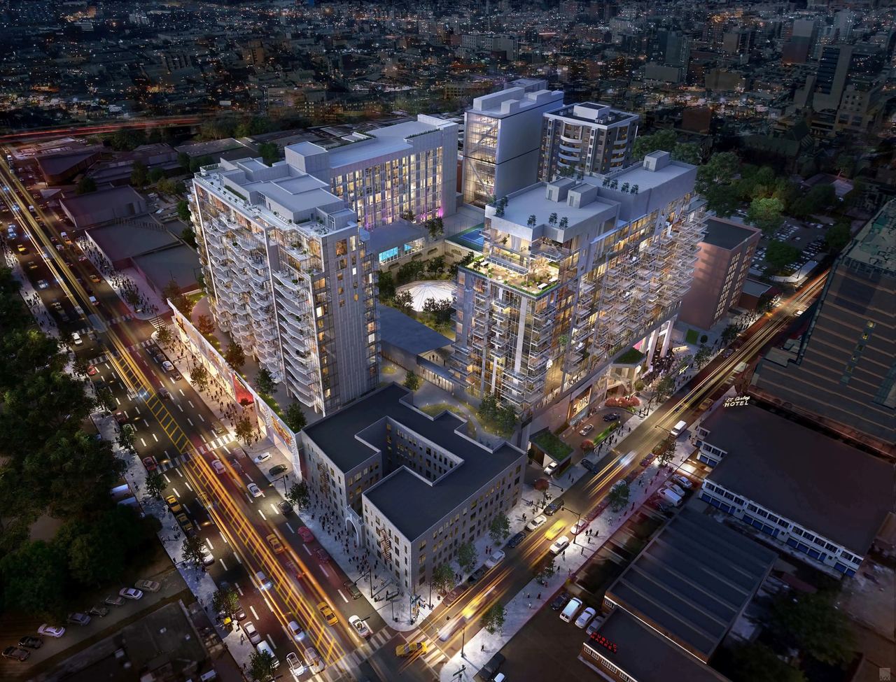 Rendering of the Tangram development in Flushing at night