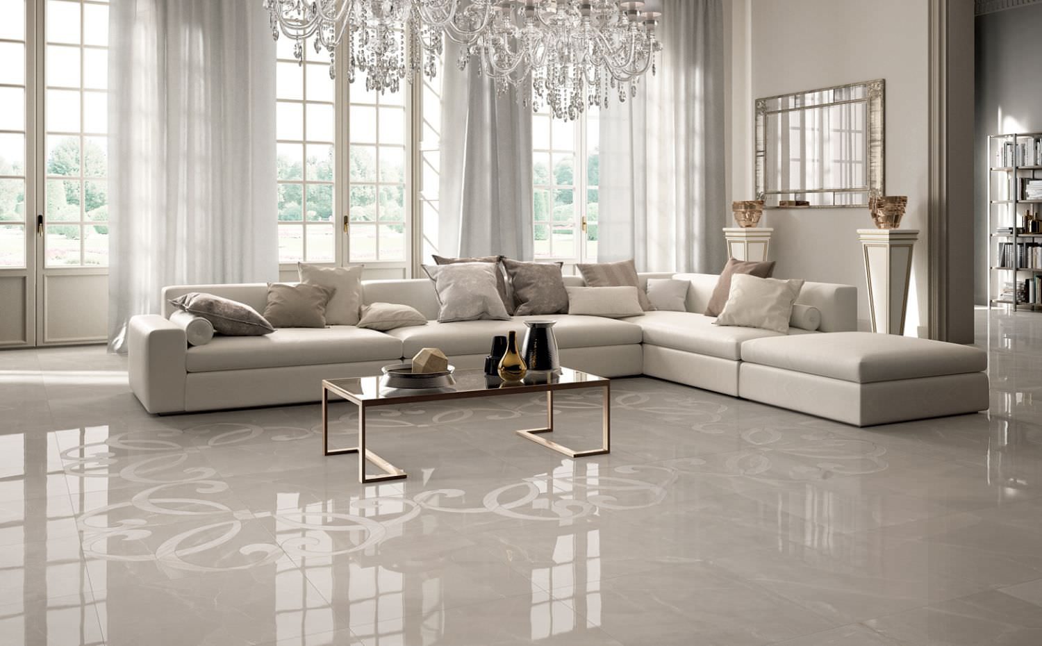 Living room with a radiant heated floor